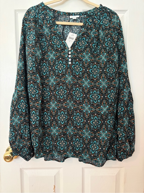 J. Jill Tops - J. Jill Teal, Black and Brown Printed Henley Blouse